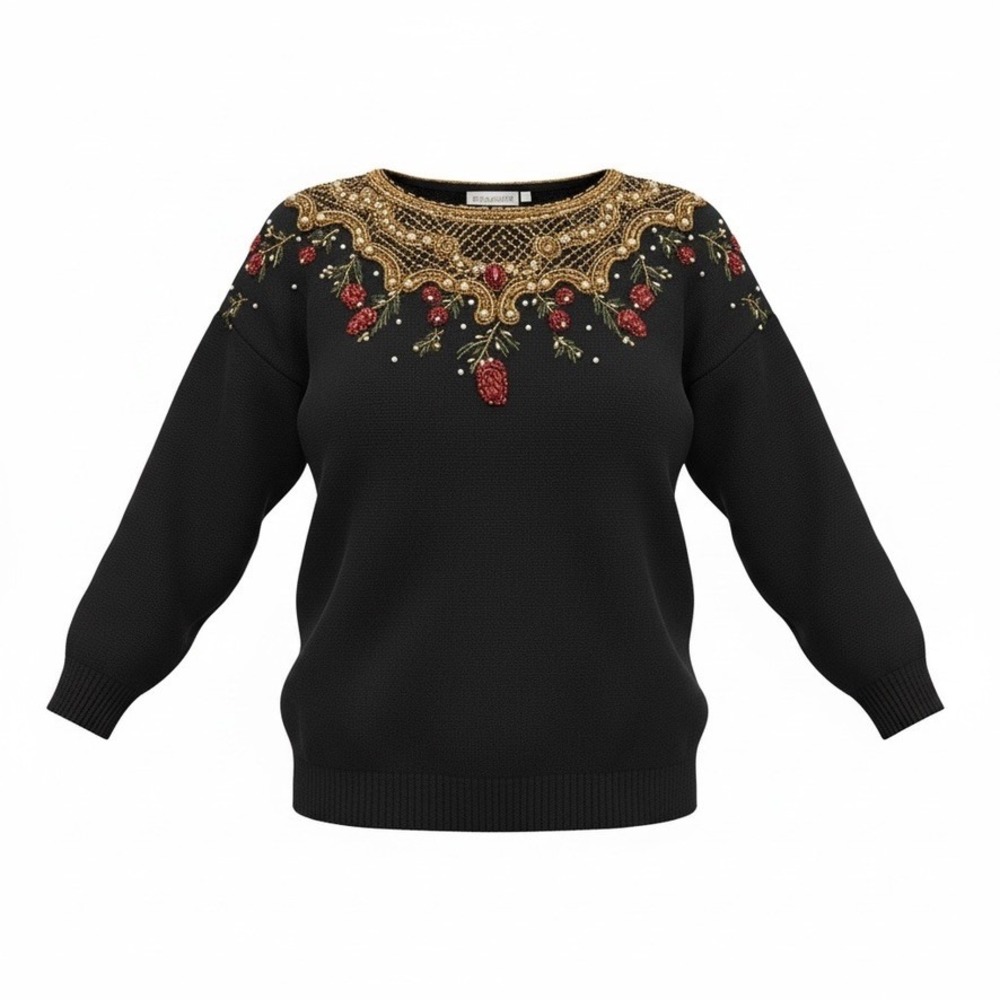 Eminent Black‎ Maximalist Beaded Sequins Floral Crew Neck Sweater Women M